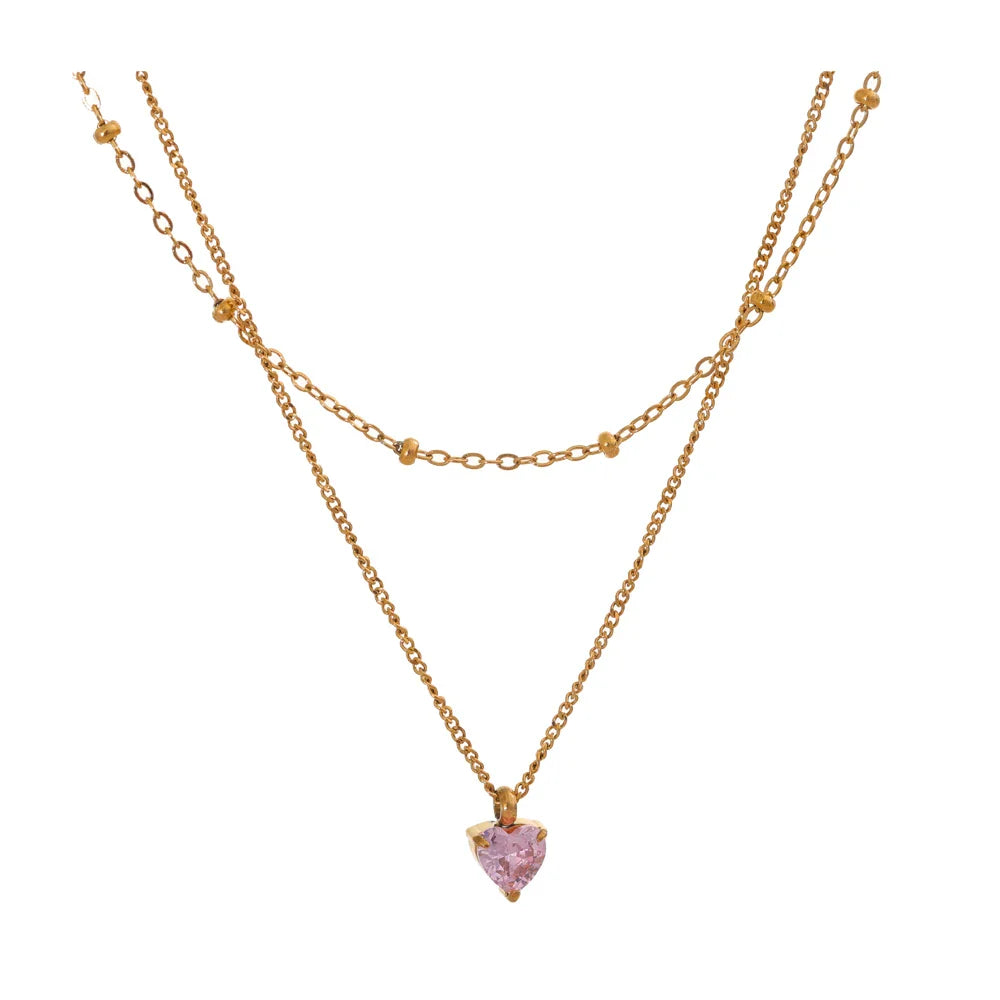 Colar de Coração com Zircônia Rosa e Corrente Dupla - Lux