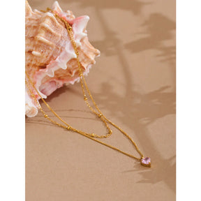 Colar de Coração com Zircônia Rosa e Corrente Dupla - Lux