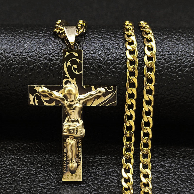 Corrente Crucifico com Pai Nosso Banhando a ouro 18k