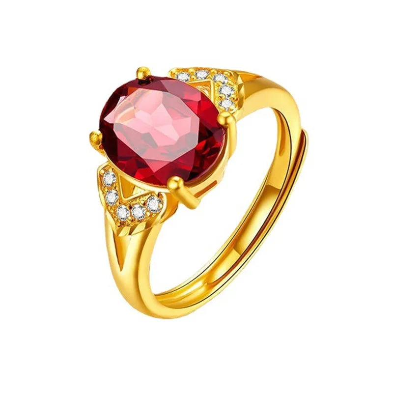 Anel de Ouro 24k com Cristal Vermelho Nataural Ajustável