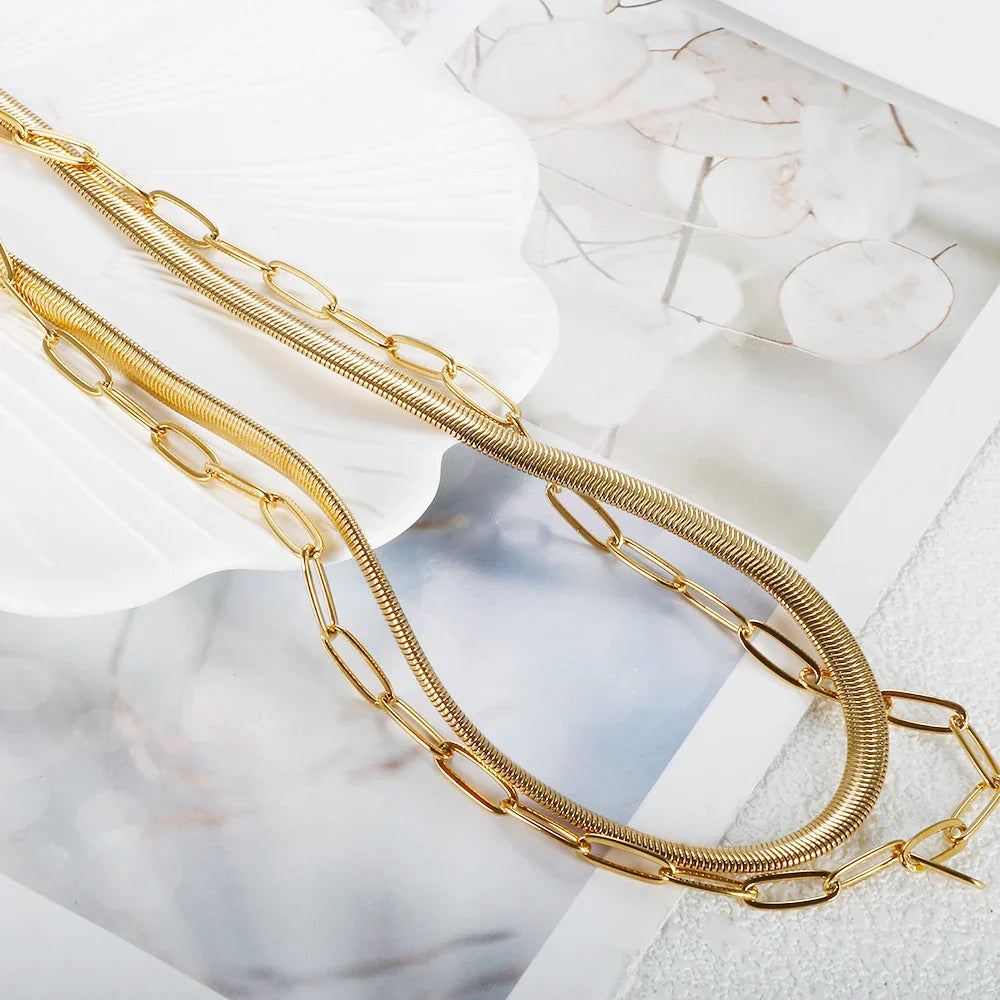 Colar Duplo Malha e Elos Banhado a Ouro 18K - Lux