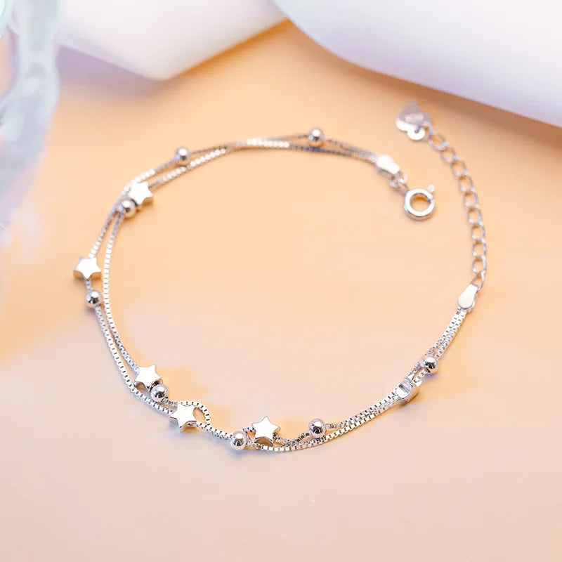 Pulseira Luxo Dupla Camada Prata 925 com Estrelas