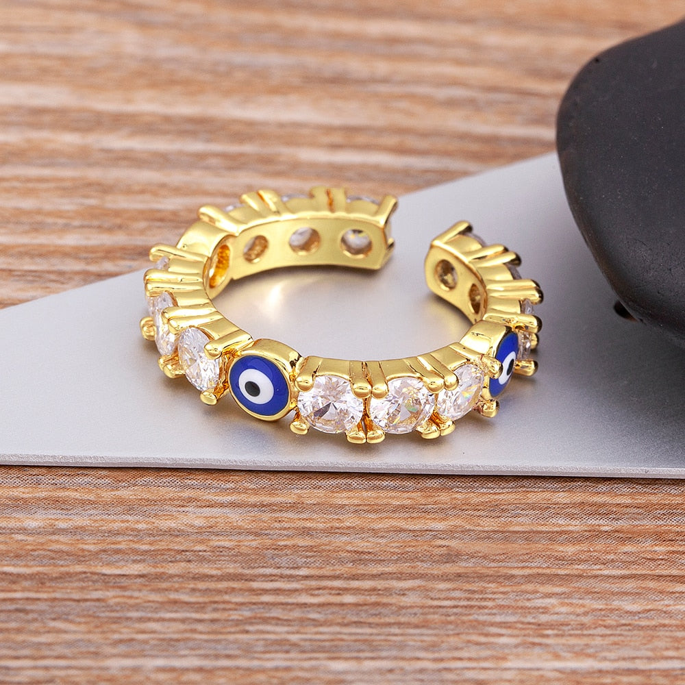 Anel Ajustável Olho Grego Cravejado com Cristais - Lux