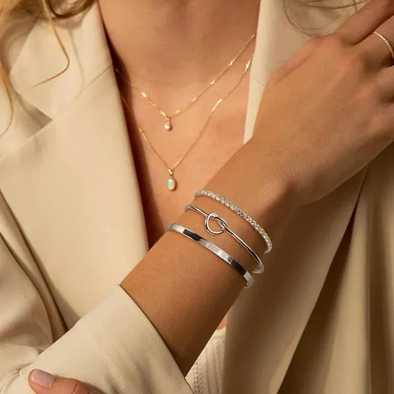 Conjunto Luxo: Pulseiras de Aço Inoxidável 14K Banhado a Prata