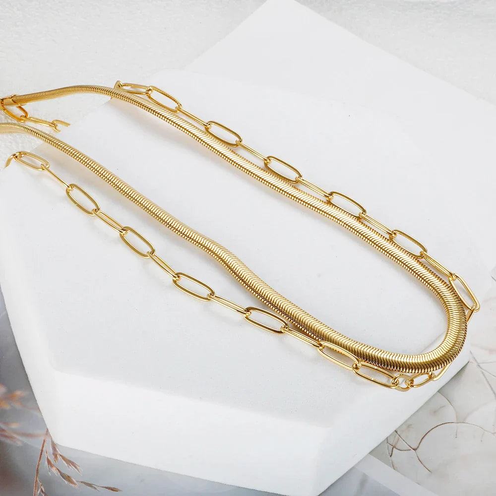 Colar Duplo Malha e Elos Banhado a Ouro 18K - Lux