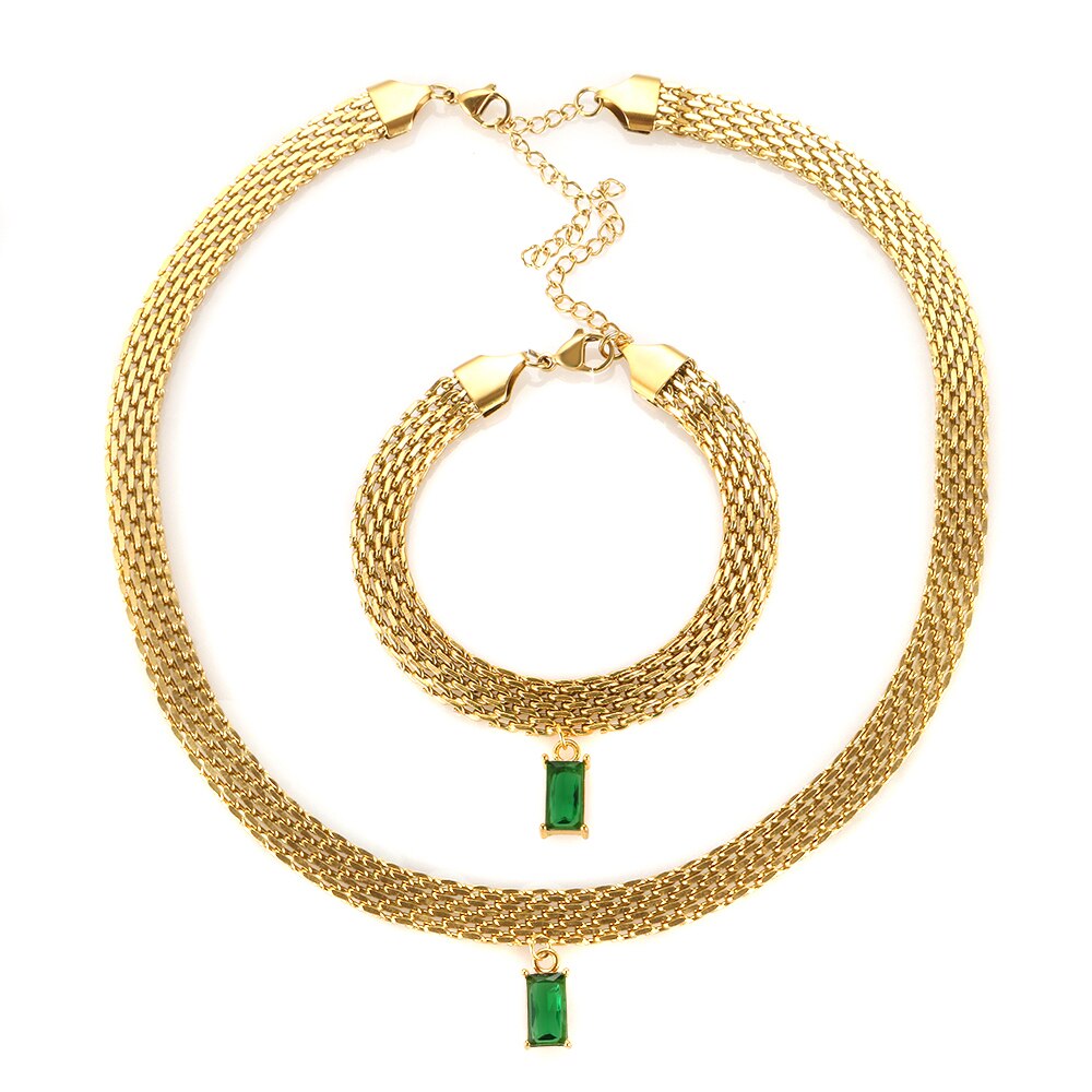 Conjunto Colar e Pulseira de Malha Dourada Pingente de Zircônia